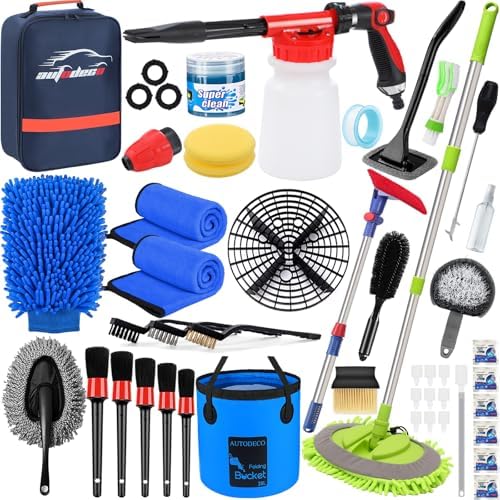 44Pcs Car Wash Detailing Kit Cleaning Kits with Foam Gun Sprayer Wash Mop with Long Handle Collapsible Bucket Large Wash Mitt Towels Complete Interior Exterior Car Washing Supply Set Blue by AUTODECO