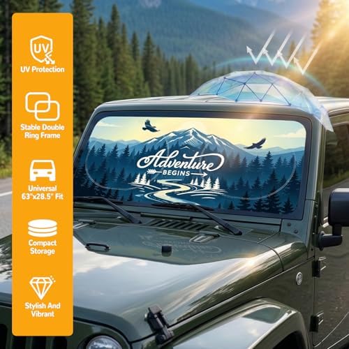 Windshield Sun Shade for Car, 63"x28.5" Stylish Printed Front Window Sunshade with Double Steel Ring Frame, Universal Fit Foldable Heat Blocker & UV Protector, with Storage Pouch (Peak) - Image 6