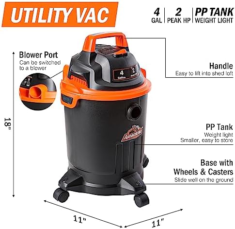 Armor All VO405P 0901 4 Gallon Wet/Dry Vac 2.0 Peak HP Shop Vacuum with Nozzles & Brush,Black/Orange - Image 2