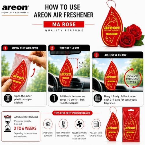 AREON MON MA32 Hanging Best Car Air Freshener Rose Scent, Paper Hanging Ornaments, Long Lasting Scent for Car or Home 12 Pack - Image 5