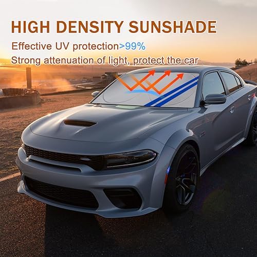 Front Windshield Sun Shade Fit for Dodge Charger Challenger Durango Journey Universal Fit to All Dodge Cars Foldable Sun Visor Protector Custom Fit Dodge Window Sunhade (Blue Trim) - Image 2