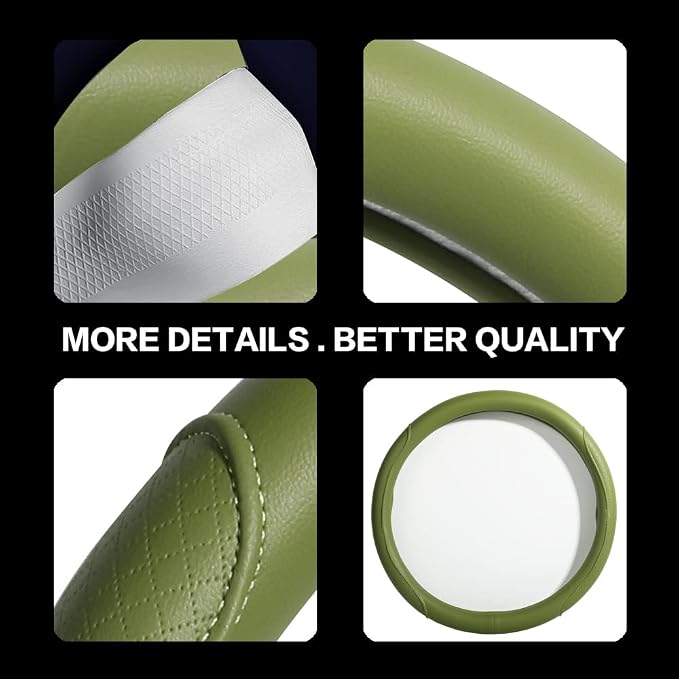 Steering Wheel Cover - Microfiber Leather with Classic Embossing, Anti-Slip Breathable Fit 15 Inch Wheel Protector (Green) - Image 4