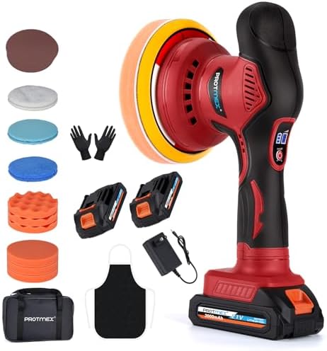 Protmex Cordless Car Buffer Polisher w/ 2x2000mAh 21V Batteries, Red by Protmex