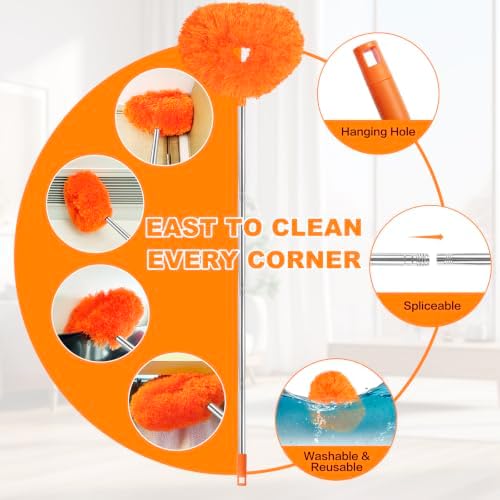 Ceiling Fan Cleaner Duster Reusable Microfiber Ceiling Fan Blade Cleaner Removable Duster with Extension Pole Adjusts 13 to 49.7 Inch for Cleaning Walls Bookshelves Furniture Door Window Top (Orange) - Image 3