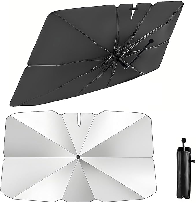 GENANY Silver Windshield Sun Shade Umbrella 57 x 31 Inch | The compact canopy uses a bendable handle and comes with a pouch for simple everyday storage by GENANY