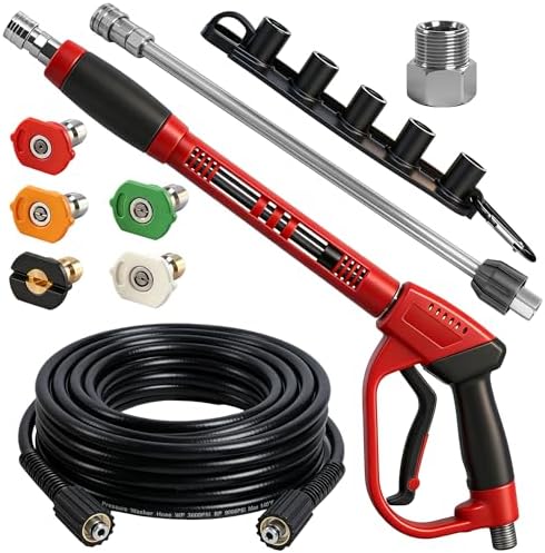 Hourleey Pressure Washer Gun and Hose Kit, 30 FT Kink Resistant Power Washer Hose and Replacement Wand Extension, 5 Nozzle Tips, M22-14 Fitting, 3600 PSI by Hourleey