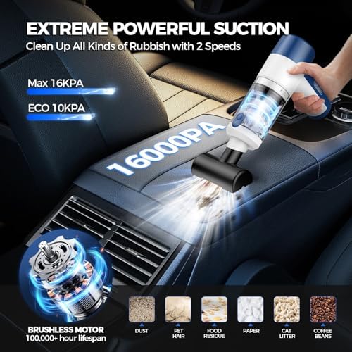 Car Vacuum/Air Duster Portable Cordless - 16000PA High Power Handheld Vacuum with 85,000RPM Brushless Motor, 4-in-1 Rechargeable Mini Vacuum & Blower & Pump for Car Detailing, Home, Office, Pet Hair - Image 2
