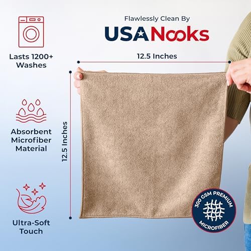 USANOOKS Microfiber Cleaning Cloth - Beige - 8Pcs (12.5x12.5 inch) High Performance - 1200 Washes, Ultra Absorbent Car Towel Traps Grime & Liquid for Streak-Free Mirror Shine - car Washing Cloth - Image 2