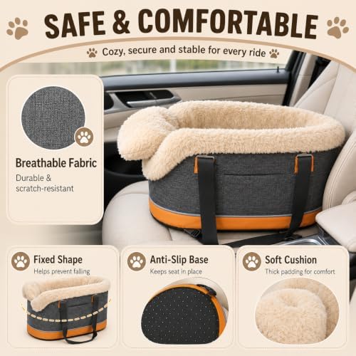 Pet Car Center Console Elevated Armrest Car Seat for Small Puppy, Dogs & Cats (Up to 10 lbs) – Dark Gray Washable Plush Carrier with Safety Leash, Fits Front Vehicle Console Space (Dark Grey) - Image 4