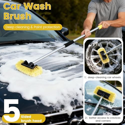 Car Wash Brush with Long Handle, 60'' Soft Bristle Cleaning Brush, Car Cleaning Brushes, Carwash Brushes for SUV, RV, Boat, Truck, House Siding, Sweep Snow, Yellow - Image 2