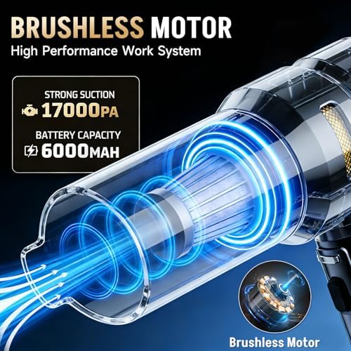 Car Vacuum Portable Cordless, 17000PA Cordless Handheld Car Vacuum Rechargeable, Brushless Motor with Digital Display, Mini Small Vacuums Cleaner for Office Desk Home Kitchen Car Pet Hair, Travel - Image 2