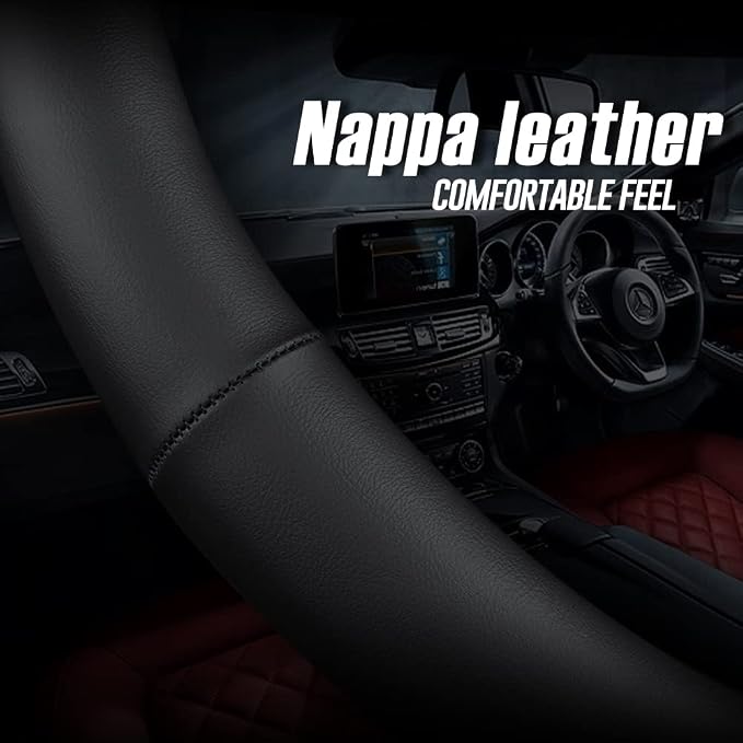 LKWLIKEI Nappa Premium Leather car Steering Wheel Cover, Non-Slip, Breathable, Universal 15 inches, Black. - Image 5