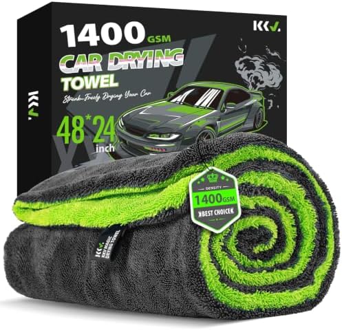 KKV Full-Sized SUV Drying Towel, 48”x24” Dual Sided Microfiber Car Cleaning Towel with Twisting Yarn Technique, 1400GSM Super Absorbent, Scratch-Free, Machine Washable (Darkgray-GreenYellow) by KKV