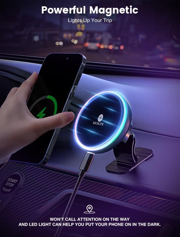 for Magsafe Car Mount Charger 15W LED RGB Car Phone Holder for Dash Vent | HandsFree Magnetic Wireless Car Charger Car Mount Fast Car Charger for iPhone 17 16 15/14/13/12 Series - Image 5