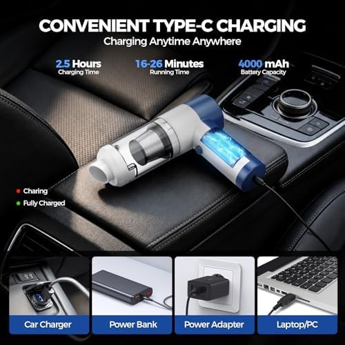 Car Vacuum/Air Duster Portable Cordless - 16000PA High Power Handheld Vacuum with 85,000RPM Brushless Motor, 4-in-1 Rechargeable Mini Vacuum & Blower & Pump for Car Detailing, Home, Office, Pet Hair - Image 5