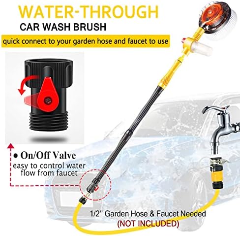 Car Wash Brush with Hose Attachment, 360 Spin Car Wash Brush with Soap Dispenser, Soft Bristle Car Cleaning Brush Mop Scrub Brush, Flow Through Car Washing Brush Kit Long Handle (Yellow) - Image 2