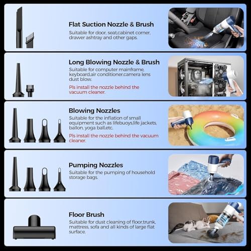 Car Vacuum/Air Duster Portable Cordless - 16000PA High Power Handheld Vacuum with 85,000RPM Brushless Motor, 4-in-1 Rechargeable Mini Vacuum & Blower & Pump for Car Detailing, Home, Office, Pet Hair - Image 4