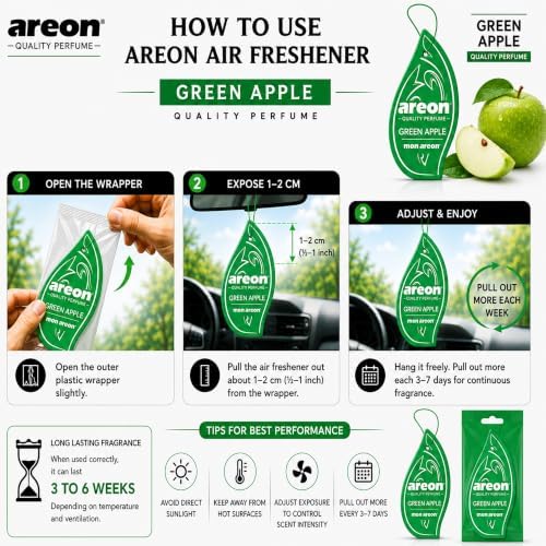 AREON MON MA08 Hanging Best Car Air Freshener Green Apple Scent, Paper Hanging Ornaments, Long Lasting Scent for Car or Home 12 Pack - Image 4