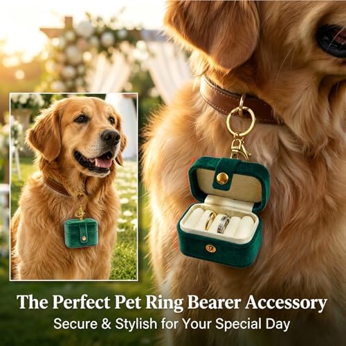 Ring Bearer Pillow Box for Dog Collar, Velvet Wedding Mini Ring Holder Pouch for Pet, Travel Ring Earrings Storage Box for Proposal Engagement Wedding Ceremony Party (Green) - Image 5