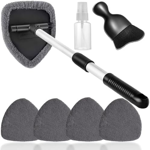 Qydipclin 7pcs Windshield Cleaner Tool Car Window Cleaning Wash Kit with 4 Reusable Microfiber Pads 1 Spray Bottle and Extendable Handle Auto Glass Wiper Kit, Gray - Image 7