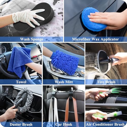 38Pcs Car Wash Detailing Kit Cleaning Kits with Foam Gun Sprayer Collapsible Bucket Drill Brush Large Wash Mitt Towels Complete Interior Exterior Car Washing Supply Set Blue - Image 7