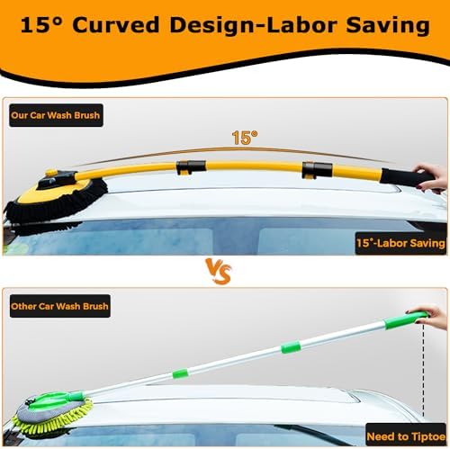WillingHeart 15° Curved Car Wash Brush with Long Handle 43" Extension Pole RV Truck Microfiber Cleaning Mop Auto SUV Wheel Boat Exterior Interior Detailing 2 in 1 Carwash Duster Not Hurt Paint, Yellow - Image 2
