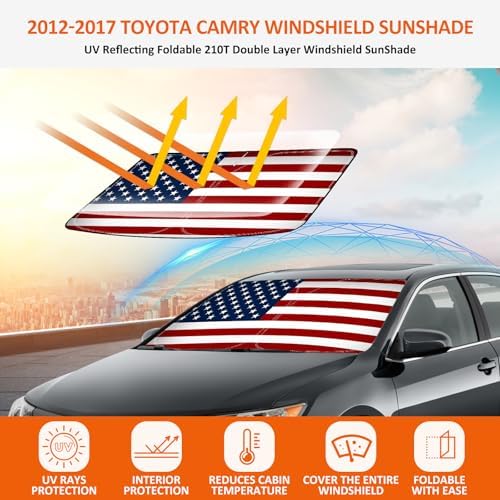 Bestview American Flag Windshield Sunshade for 2012-2017 Toyota Camry,Custom Fit Foldable Front Window Sunshade Sun Visor Accessories Protector Block UV Rays Heat, Keep Your Car Cooler - Image 3