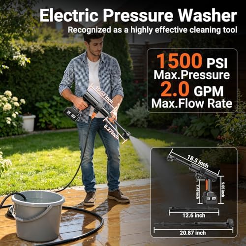 Cordless Pressure Washer, 1500 PSI Max Power Washer with 2x4.0Ah 21V Large Capacity Batteries & Brushless Motor, Portable Power Cleaner Kit with Storage Case & 6-in-1 Nozzle for Car/Fence/Patio/Home - Image 2