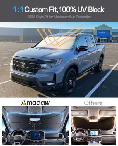 Windshield Sun Shade for Honda Ridgeline 2006–2026, Foldable Umbrella Sunshade with 100% UV Block, Multi-Layer Heat Insulation, Reinforced 10-Rib Frame, Keeps Car Cooler - Image 3