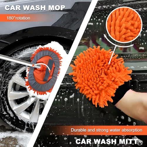 Buyplus 18FT Reach Car Wash Brush with Long Handle - Car Cleaning Kit with 3-12FT Extension Pole, Wheel Brush, Microfiber Cleaning Mop, Mitt, Window Squeegee for RV Truck SUV Boat Solar Pane Washing - Image 4