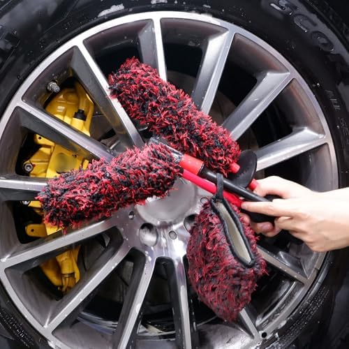 oesee Professional 4 Pack Long Handle Wheel Brush Kit for Cleaning Wheel and Tire- 2X Soft Wheel Cleaning Brush, Detailing Brush and Stiff Tire Brush, Bendable& Durable Wheel Rim Cleaner Brush Set - Image 2