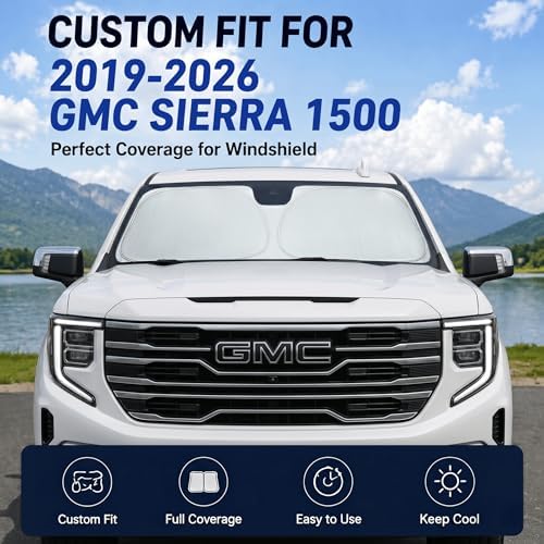 Sun Shade for 2019-2024 2025 2026 GMC Sierra 1500 2500 3500 SLT, AT4, Denali Pickup Accessories Windshield Sunshade Cover Front Window Shade Fit Sierra 1500 Sun Visor Protector Foldable Blocks UV Rays - Image 2