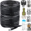 200FT Sewer Jetter Kit for Pressure Washer, 5800PSI Drain Cleaner Hose 1/4 Inch NPT Corner, Rotating and Button Hose Sewer Jetting Nozzle Pearl Corsage Pin Waterproof Tape with 2 Spanner by ZOFINE