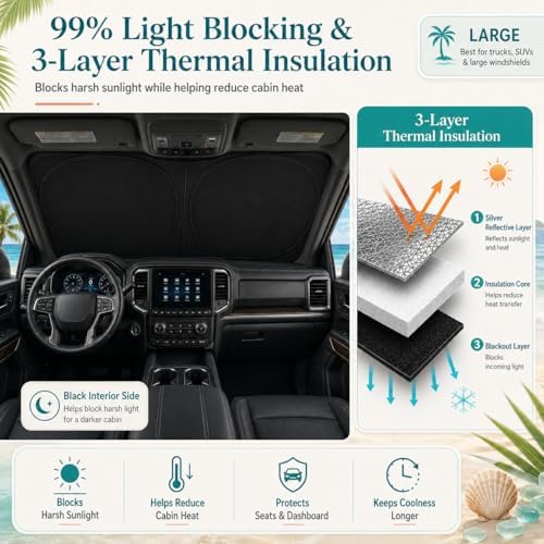 Ford F150 Windshield Sun Shade, Custom Fit Foldable Front Window Sunshade Visor, Blocks UV Rays and Heat, Keeps Interior Cooler, Fits 1990–2025 Models - Image 3