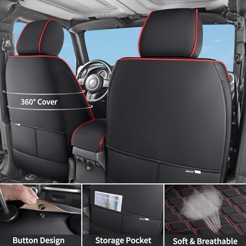 Huidasource Front Seat Covers for Jeep Wrangler JL 2018-2026, Waterproof Leather 2Pcs Front Seat Protector for Wrangler JL 2 Door/4 Door Sport Rubicon Sahara High Altitude (Front Pair/Black&Red) - Image 2