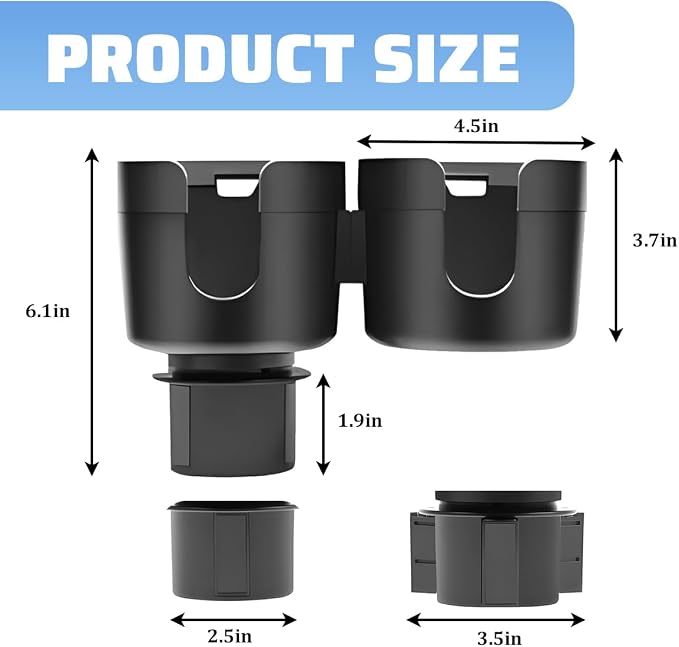 Car Double Cup Holder Expander, 2 in 1 Multifunctional Vehicle Cup Holder Adapter with Adjustable Base, Auto Drink Bottles Extender Organizer, Universal for SUV Automobile Truck (Black) - Image 2