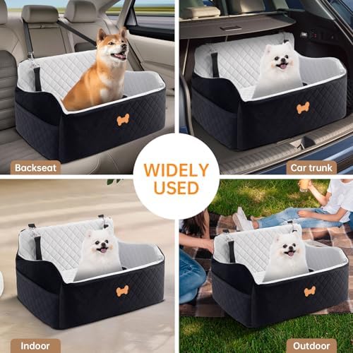 Car Seat for Large Size Dog, Booster Seat for Dogs Under 55 lbs or 2 Small Dogs, Soft Car Dog Bed Filling in Thick Memory Foam with 2 Safety Leashes and Storage Pocket (Grey/Black) - Image 6