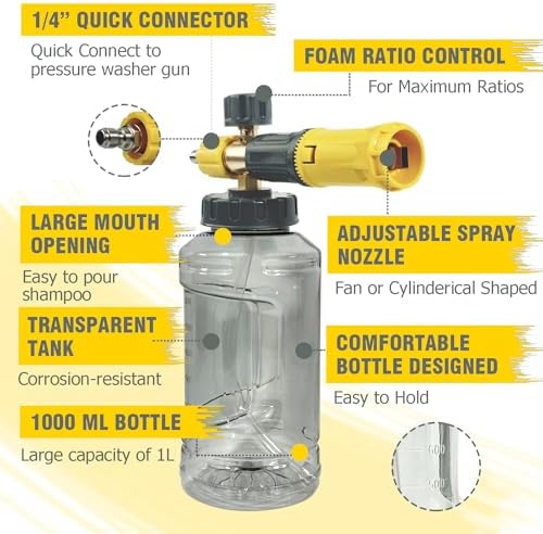 ESP Foam Cannon for Pressure Washer, Snow Foam Gun Car Wash, 1.25mm Nozzle, Adjustable Foam, Transparent Graduated Bottle, Stainless Steel Quick Connect, Fits 120-280 Bar - Image 3