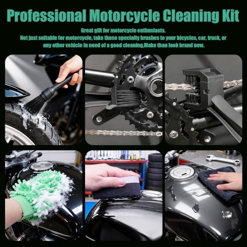 13PCS Motorcycle Cleaning Kit, Motorcycle Detailing Kit Overall Cleaner Tools Car Washing Brush Rims Cleaning Kit Chain Tire Wheel Brush Set Chain Tire for Car Bike Motorbike (Green) - Image 2