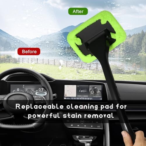 Car Windshield Cleaning Tool, Microfiber Windscreen Cleaner with 4 Washable Cloth Pads & Spray Bottle, Reusable Window Cleaning Kit with Detachable Handle for Auto Glass Wiper - Image 4