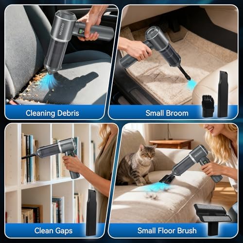 WUDOO 4-in-1 Car Vacuum Cleaner Portable Cordless Dust Remover 20,000 Pa Brushless Motor Powerful Handheld Wireless Charging Vacuum Cleaner LED Light, Multi-Nozzles for Car, Home, Office, Pet - Image 2