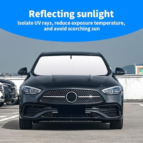 Front Windshield Sun Shade Custom Fit Compatible for Benz C Class W204 W205 C250 C300 C400 Sunshade Foldable UV Ray Reflector Visor Protector Accessories Shield Cover Reflective (for Benz C W204 205) - Image 2