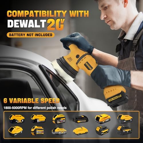 VERVEWAVE Cordless Buffer Polisher Kit for Dewalt 20V Battery (No Battery), 6-Inch Orbital Car Polisher Variable Speed 1800—5500 RPM, 17PCS Polishing Accessories, for Car Polishing/Waxing (Tool Only) - Image 2