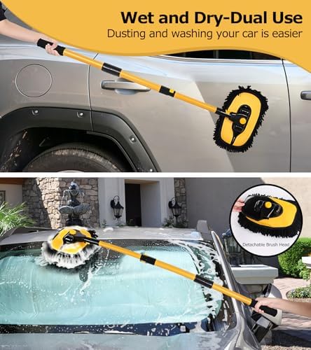 anngrowy 47.64" Car Wash Brush Mop Kit Mitt Sponge with Long Handle Car Cleaning Supplies Kit Tools Car Washing Duster Exterior Scratch Free, Chenille Replacement Head Extension Pole - Image 3