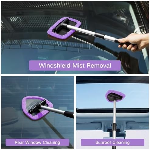 Qydipclin 10pcs Windshield Cleaner Tool, Car Window Cleaning Wash Kit with 4 Reusable Microfiber Pads 1 Spray Bottle and Extendable Handle Auto Glass Wiper Kit, Purple - Image 2