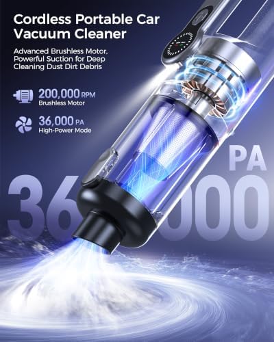 Cordless Handheld Vacuum Cleaner, 2-in-1 Vacuum & Blower, 36000Pa Suction Brushless Motor, Car Vacuum with LED Light, Lightweight, Portable for Car, Home, Office and Outdoor Use, Black - Image 2