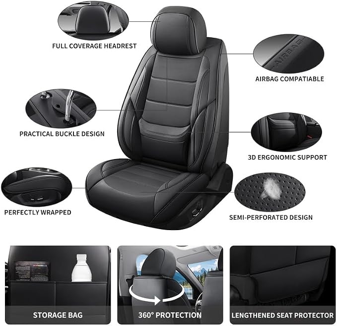 Car Seat Covers Full Set Custom Fit For Toyota Tacoma 2001-2026, Black | Lumbar Support, Premium Faux Leather, Breathable, Anti-Slip, Airbag Compatible, Waterproof, Car Seat Protectors, 2 Row-5Seat - Image 3
