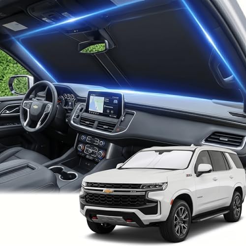 Windshield Sun Shade for Chevy/Chevrolet Tahoe 2021-2024 2025 2026 Front Window Shade Custom Fit Tahoe Accessories Sun Visor Foldable Shade Blocks UV Rays Summer Must Have Car Accessories by AuyNeas