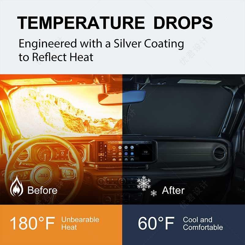 for 2018-2026 Jeep Wrangler - Premium Sunshade for Wrangler JL JLU & 2020-2026 Jeep Gladiator, Front Windshield Sun Shade Blocks UV Rays Foldable Visor with Storage Pouch - Image 3