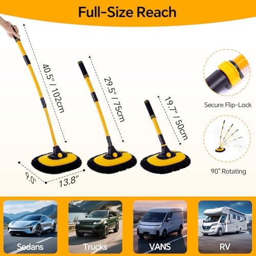 7 in 1 Car Wash Kit with 20L Folding Bucket & Brush, Extendable Car Wash Brush with 40.5" Long Handle, 15° Curved Aluminum Pole, Scratch-Free Microfiber Chenille Mop for SUV Truck RV, Yellow - Image 6
